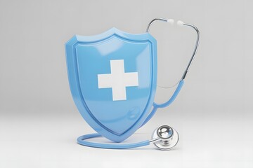 A bright blue shield with a white medical cross symbolizes protection and security in healthcare accompanied by a stethoscope representing medical care and health