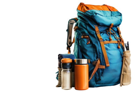 Essentials for a day hike packed in a colorful backpack, ready for outdoor exploration in nature with three containers on the side