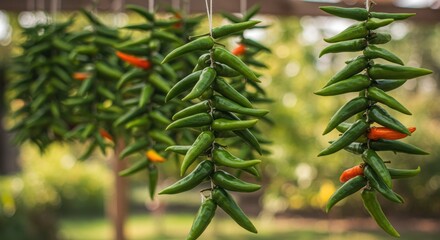 Fototapeta premium Drying bundles of fresh green chili peppers in the sun