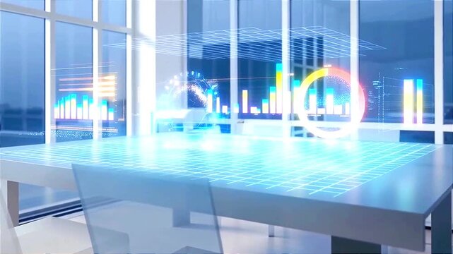 Modern office workspace with futuristic data analytics displaying on table and screen for presentations about technology and innovation trends ai generated, 3d animation 4k video clip