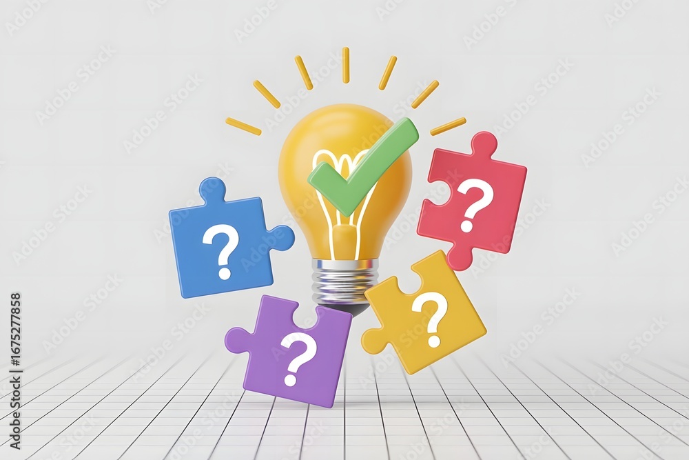Poster bright idea concept with a glowing lightbulb surrounded by colorful puzzle pieces featuring question