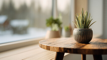 Decorative plant in a textured pot placed on a rustic wooden table near a large window. Bright natural light highlights the cozy and inviting indoor ambiance, showcasing a blend of nature and design.