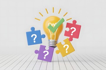 Bright idea concept with a glowing lightbulb surrounded by colorful puzzle pieces featuring question marks and a green checkmark symbolizing problem solving and innovation