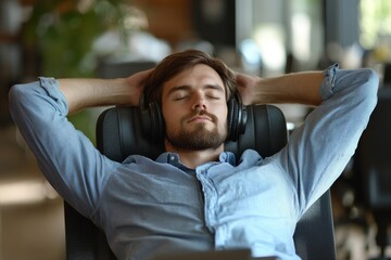 young man listening to music with headphones, Generative AI
