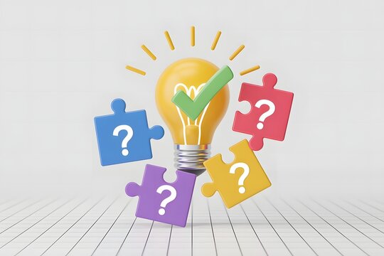 Bright idea concept with a glowing lightbulb surrounded by colorful puzzle pieces featuring question marks and a green checkmark symbolizing problem solving and innovation