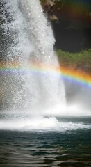 The cascading waterfall creates a rainbow's radiant arc in nature