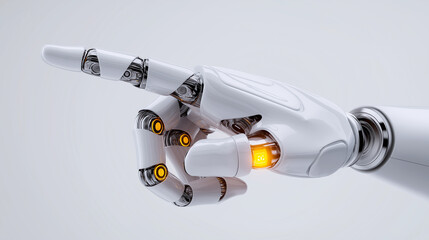 Futuristic robotic hand with white and gold design pointing to the side.
