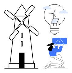 Windmill, light bulb with solar panel and clouds, woman coding on laptop. Ideal for clean energy, sustainability, programming, innovation, tech development, education simple landing page