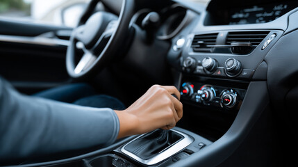 Naklejka premium Close-up of driver’s hand shifting automatic gear in modern car interior.