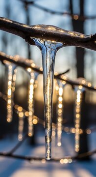 Translucent icicles hanging from a branch in a winter forest scene