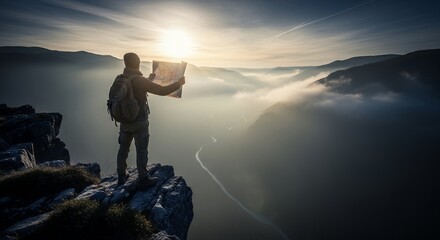 Man with backpack holding map on mountain peak, gazing at scenic landscape with clouds and river, concept for outdoor adventure, travel inspiration and exploration journey