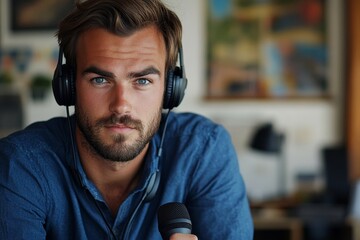 Portrait of a young serious and confident man with a beard and a blue shirt wearing a headset, holding a microphone in his hand, looking at the camera with authority professionalism, Generative AI