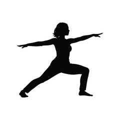 Silhouette of a woman in Warrior Two pose, demonstrating yoga practice, woman in warrior ii pose silhouette vector illustration