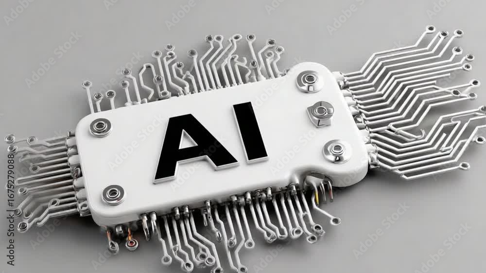 Poster ai chip on gray backdrop: a high-angle shot showcasing a microchip, emblazoned with the bold letters