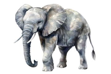 Colorful elephant watercolor illustration showcasing a gentle giant with expressive eyes and textured skin standing gracefully against a serene backdrop