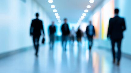 Silhouettes of business people walking through modern office hallway in motion blur.
