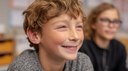 Fototapeta premium Smiling child with curly hair and freckles sitting in a classroom, joyful and relaxed expression, wearing a gray sweater, blurred background with another student, warm and friendly atmosphere.