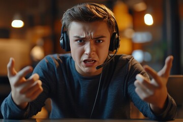 Close up portrait of an angry young man wearing a head, Generative AI