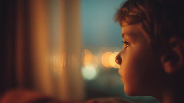 Child standing by the window at night, gazing at blurred colorful city lights through glass, moody cinematic atmosphere, soft pink and teal glow, silhouette reflection in glass, emotional dreamy scene