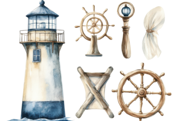 Detailed watercolor illustration featuring a lighthouse, ship wheels, and nautical instruments showcasing the charm of maritime adventures in a serene coastal setting