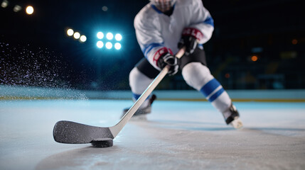 Fototapeta premium Ice hockey player in motion on rink with puck and stick under stadium lights. 