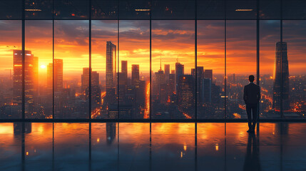 A person stands within a modern office building, gazing at the expansive city skyline under a breathtaking golden hour sunset.