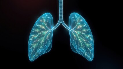 Illuminated human lungs and trachea with branching veins on a dark black gradient background