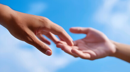 Two hands reaching toward each other against a bright blue sky.
