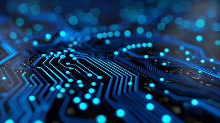 Futuristic close-up of glowing blue circuit board with digital connections.
