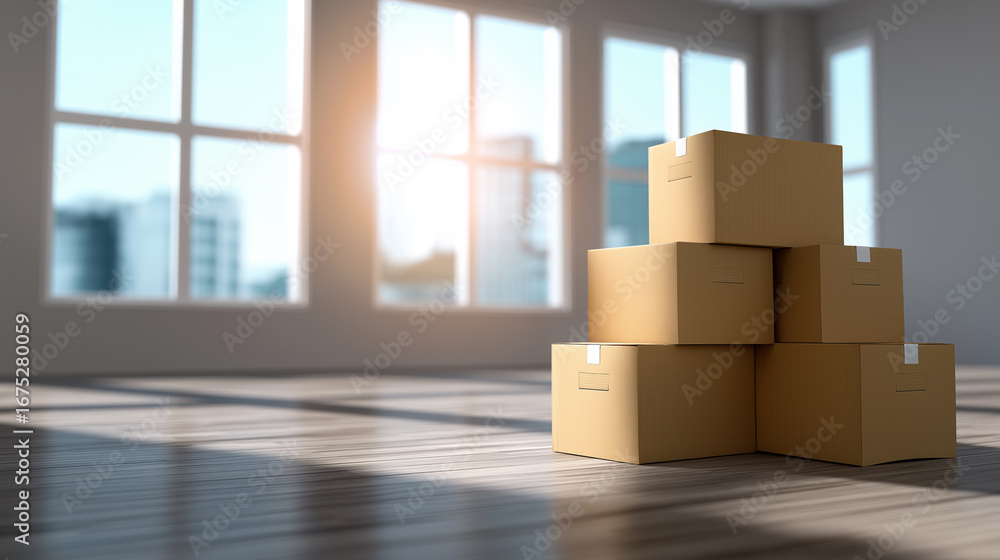 Poster cardboard moving boxes stacked in bright empty apartment with city view through windows.