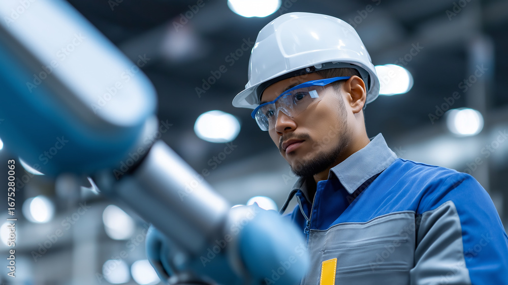 Poster factory worker operating industrial machine in modern automated production facility.