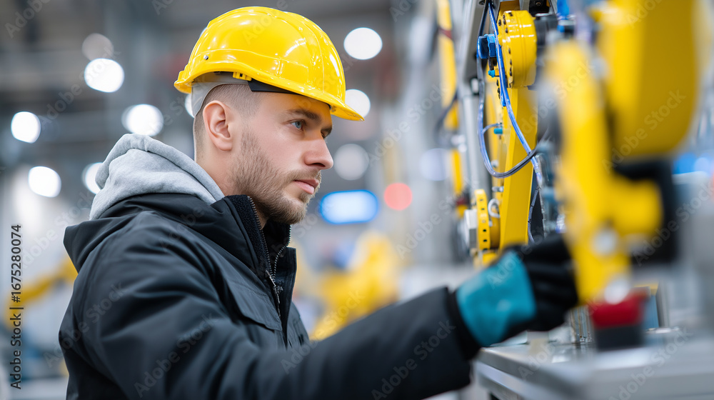 Poster factory worker operating industrial machine in modern automated production facility.