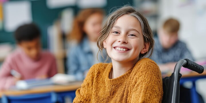 Happy schoolgirl in a wheelchair participating in a classroom activity, smiling confidently while learning, with teacher and classmates in the background, symbolizing inclusion and education for all. - Powered by Adobe