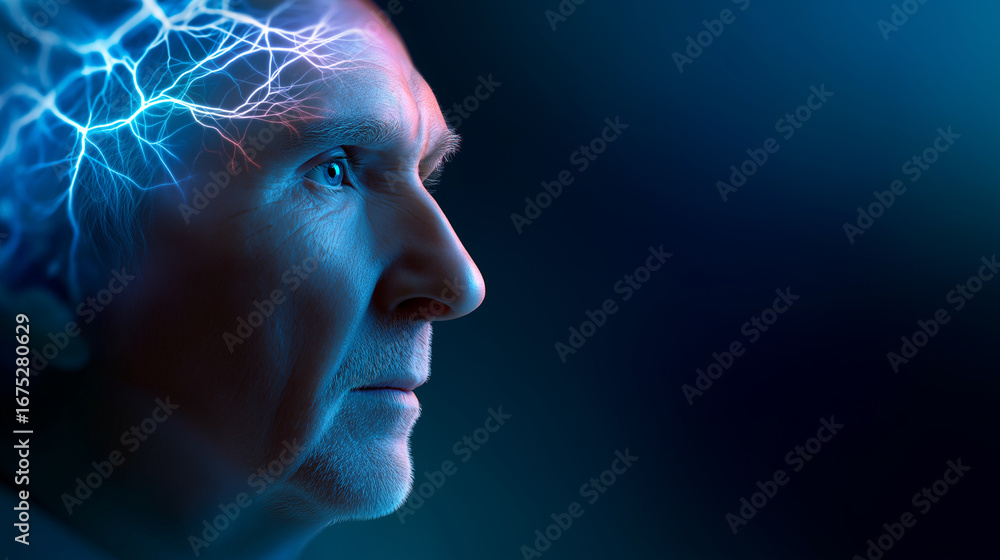 Poster profile of elderly man with digital visualization of brain activity and neural impulses.