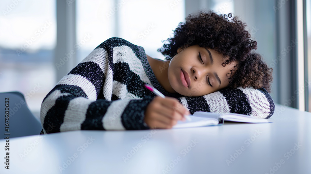 Poster tired student fallen asleep while writing in notebook at desk.