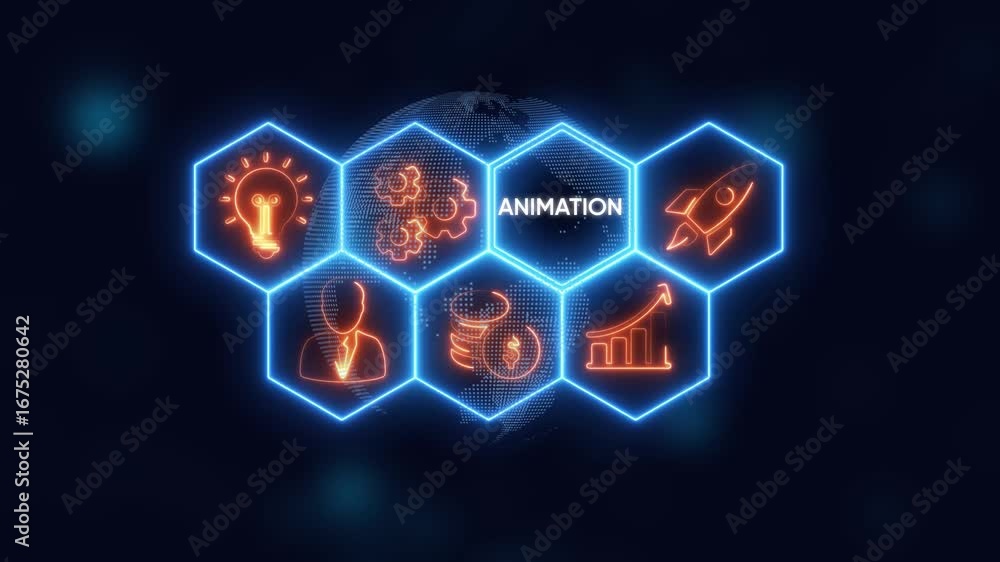 Poster animation concept with neon icons and digital globe background motion graphics digital art