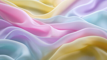 Obraz premium Close-up of pastel-colored fabric in soft folds with pink, yellow and blue tones. 