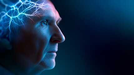 Profile of elderly man with digital visualization of brain activity and neural impulses.