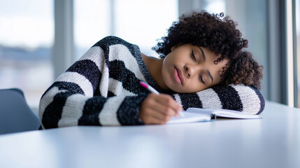 Tired student fallen asleep while writing in notebook at desk.