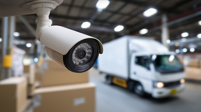Surveillance bullet camera monitoring logistics warehouse with delivery truck in background.
