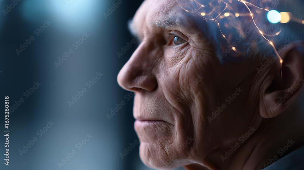 Poster close-up of thoughtful elderly man with visualized brain activity and neural connections.