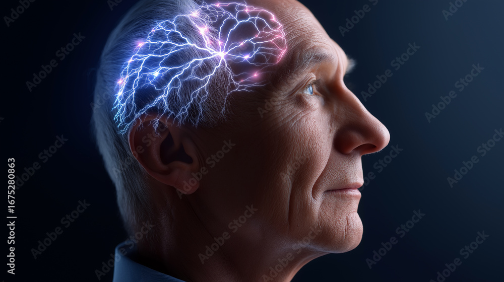 Poster close-up of thoughtful elderly man with visualized brain activity and neural connections.