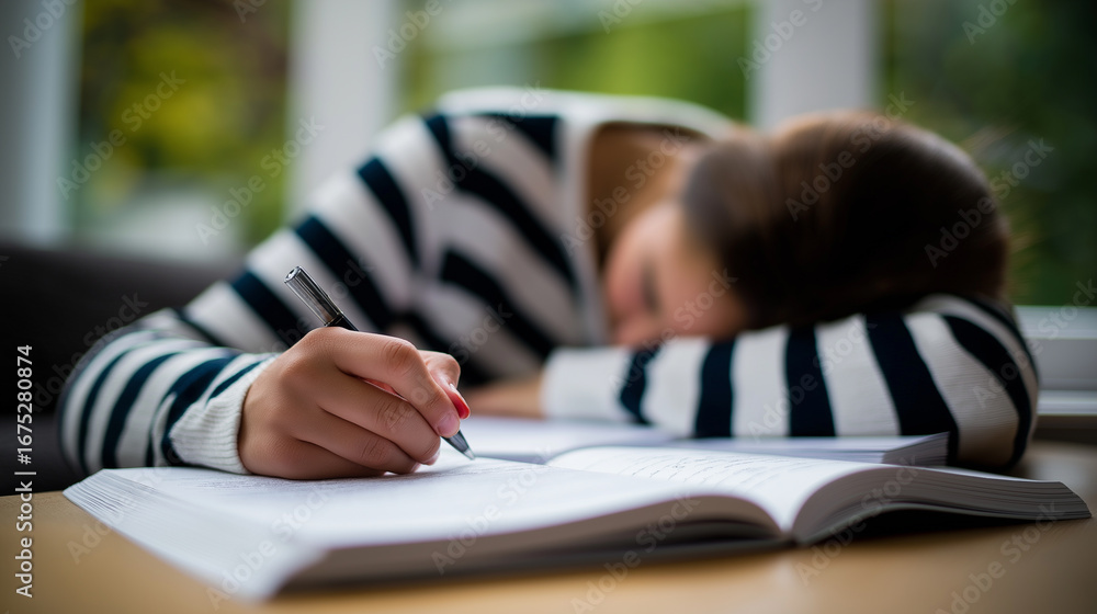 Poster tired student fallen asleep while writing in notebook at desk.