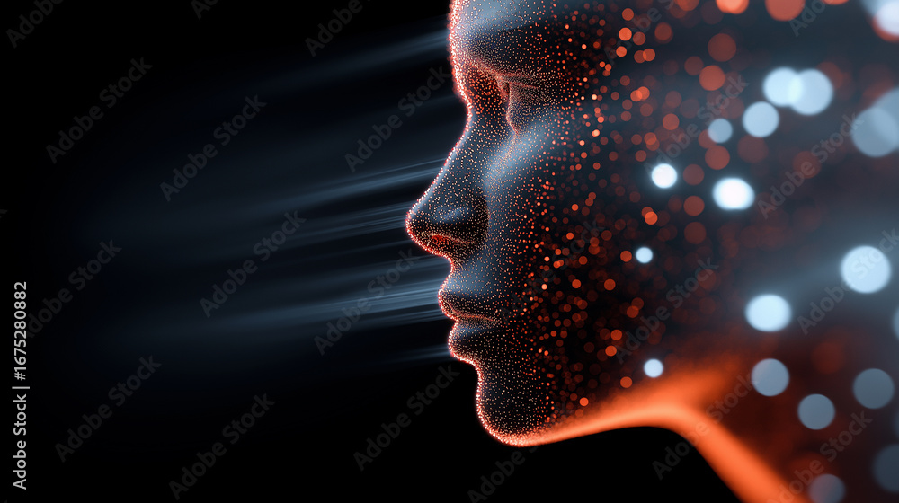Poster futuristic 3d rendering of artificial intelligence face with glowing particles and dark background.