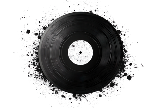 Vinyl music record surrounded by splatter in a unique grunge design capturing the essence of classic sound in a low-resolution halftone style