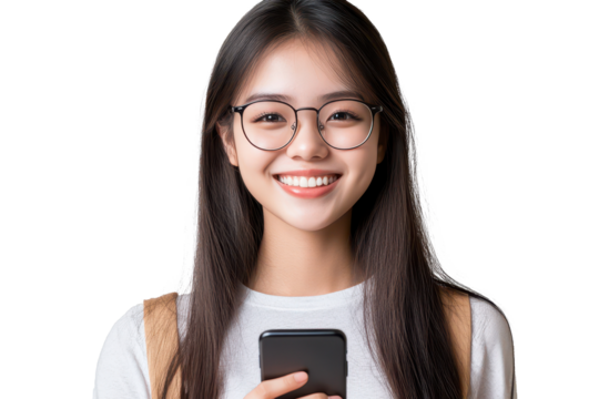 Smiling Thai woman holding a mobile phone while enjoying her day in a bright and cheerful setting