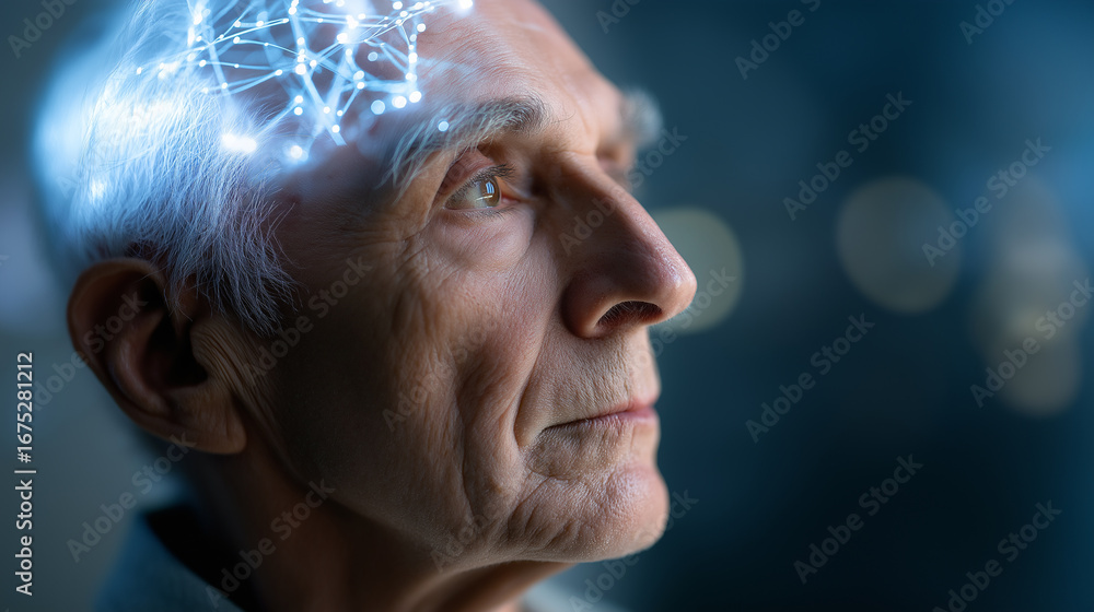 Poster close-up of thoughtful elderly man with visualized brain activity and neural connections.