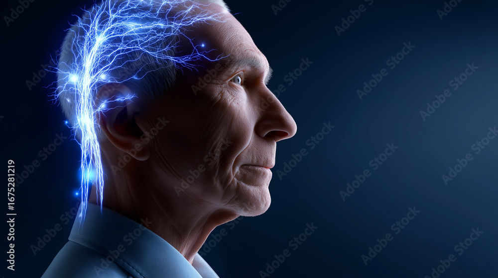 Poster close-up of thoughtful elderly man with visualized brain activity and neural connections.