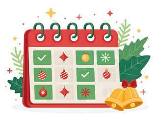 Fototapeta premium Festive holiday calendar with seasonal decorations and bells green