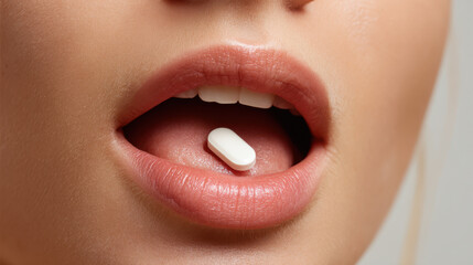 Obraz premium Close up of woman taking a pill symbolizing modern medication, supplements and weight loss treatment